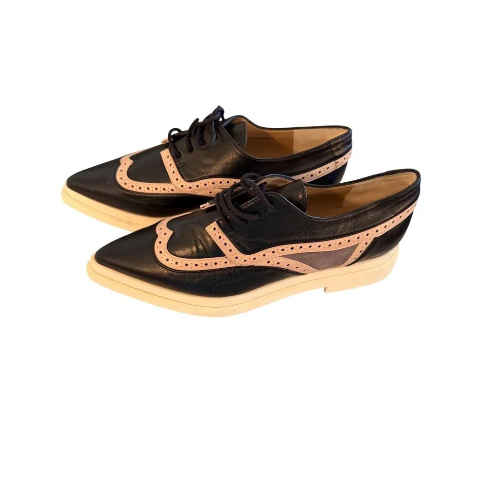Annaisha Womens Lace-up Shoes Derby Size 38 Black Leather Pointed Toe Spain New